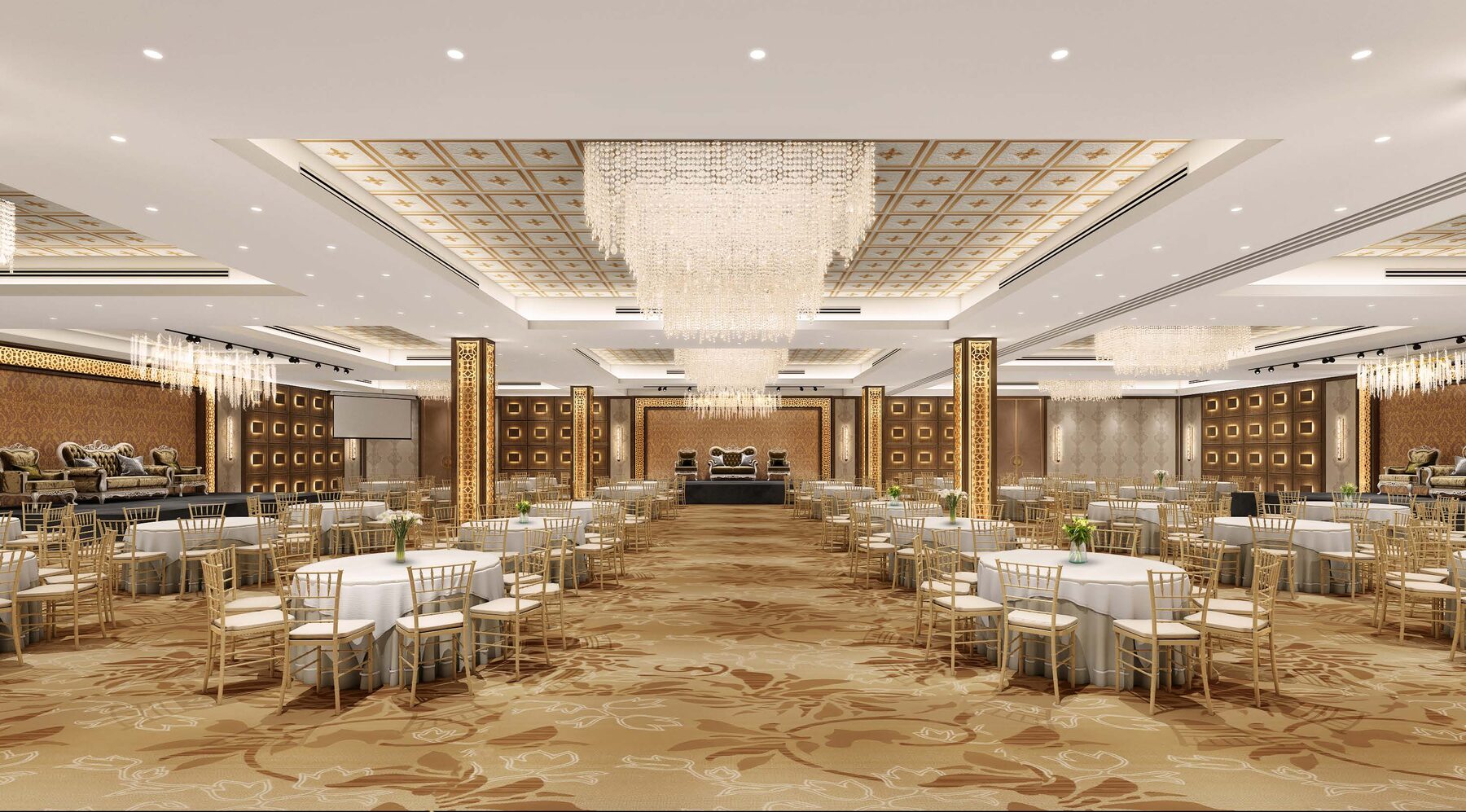 Bright marble ballroom with crystal chandeliers set for a grand wedding