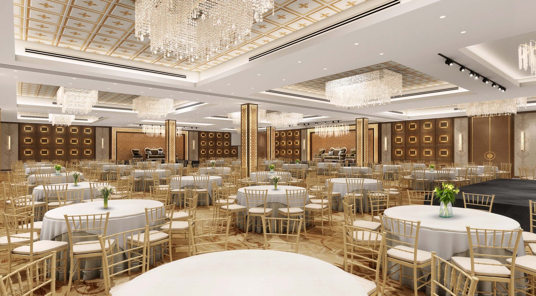 The Taj Hall with elegant white and gold tablescapes