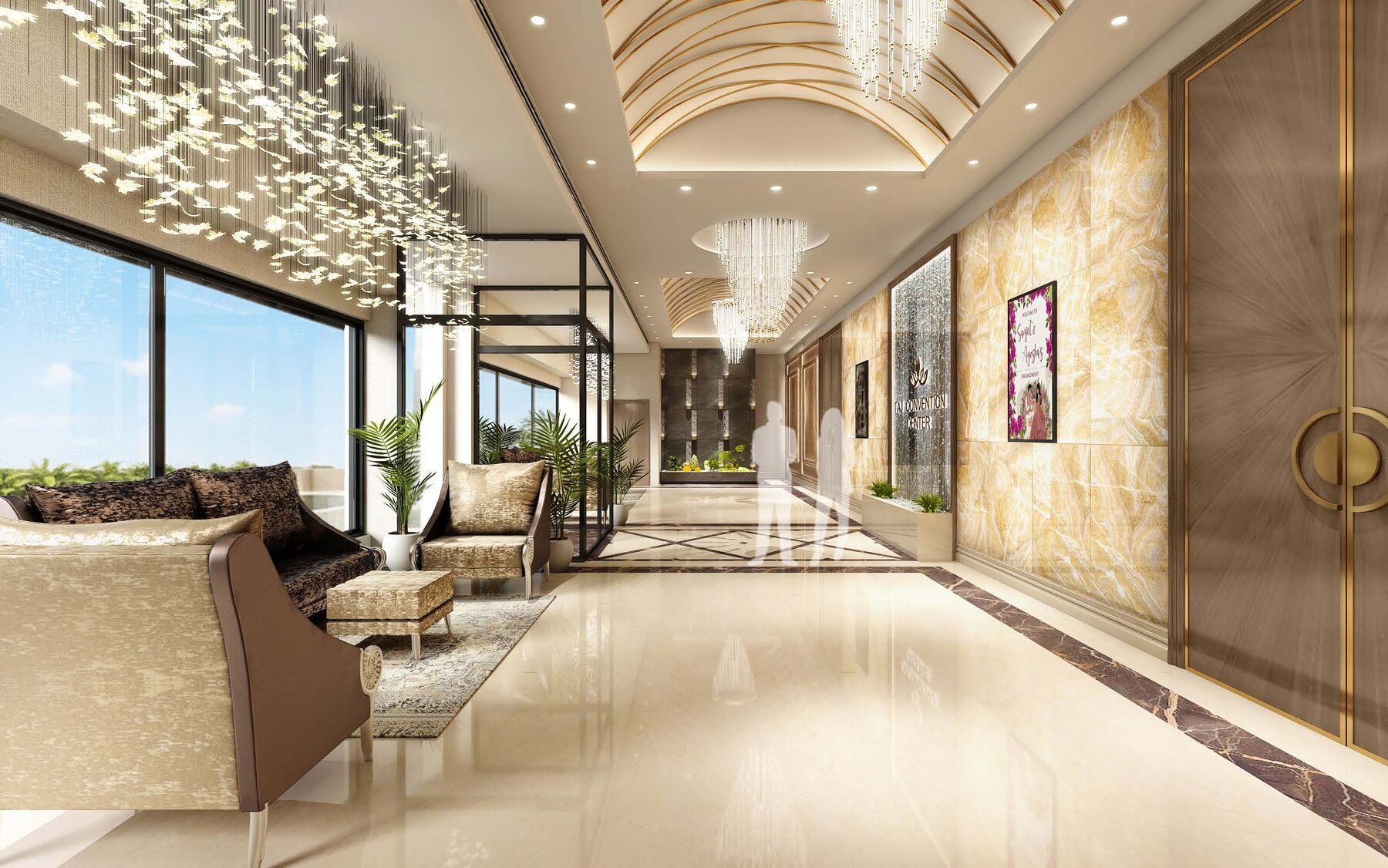 Warm golden light filling the ballroom interior